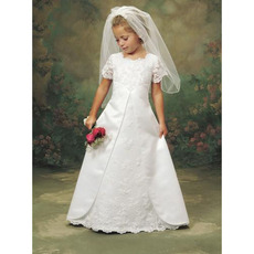 New A-Line Satin Lace First Communion Dresses with Short Sleeves