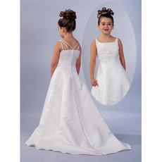 A-Line Square Chapel Train Satin Beading Flower Girl Dress