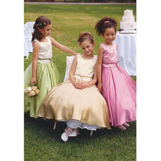 Discount Ball Gown First Communion Dress/ Full Length Taffeta Flower Girl Dress with Ribbon