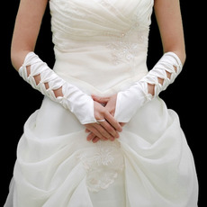 Elbow Ivory Satin Hollow Out Wedding Gloves with Pattern