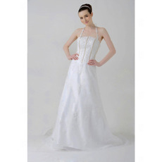 Affordable A-line Halter Long Train Wedding Dress