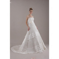 A-line Strapless Chapel Train Satin Lace Applique Wedding Dress