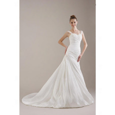 A-line Straps Chapel Train Satin Taffeta Ruffles Wedding Dress