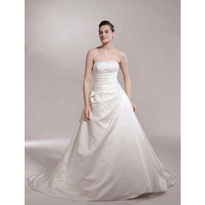 A-line Strapless Chapel Train Sleeveless Satin Luxury Wedding Dress