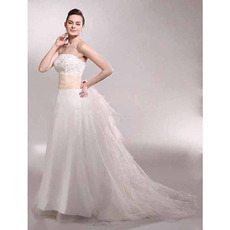 A-line Strapless Chapel Train Sleeveless Satin Luxury Wedding Dress