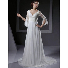 Elegant Empire V-Neck Chapel Train Chiffon Wedding Dresses with 3/4 Length Sleeves