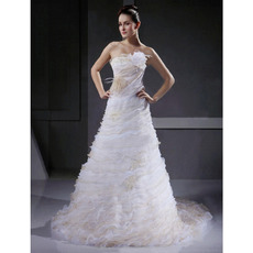 A-line Strapless Court Train Satin Organza Wedding Dress With 3D Floral