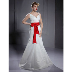 A-line V-neck Floor-length Satin Wedding Dresses with Sashes