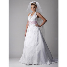 Cheap Modest A-Line Halter Sleeveless Satin Bridal Wedding Dresses
