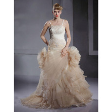 A-Line Spaghetti Straps Sleeveless Tulle Satin Floor-Length Wedding Dresses