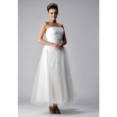 A-line Strapless Tea-length Sleeveless Satin Tulle Wedding Dress