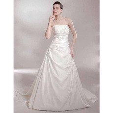 A-line Strapless Chapel Train Sleeveless Satin Luxurious Wedding Dresses