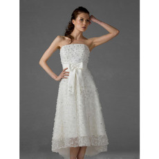 Strapless High-Low Lace Short Reception Wedding Dress with Sash