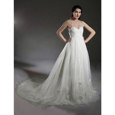 Ball Gown Halter Court Train Taffeta Wedding Dress With Beaded Appliques