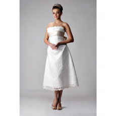 Custom A-Line Strapless Tea-Length Lace Reception Wedding Dresses with Sashes