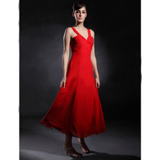 Sexy Straps Tea-Length Red Chiffon Bridesmaid/ Wedding Party Dresses