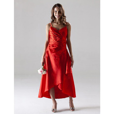 Asymmetric Spaghetti Straps Satin Bridesmaid/ Wedding Party Dresses