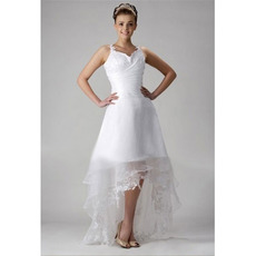 A-Line Straps Sleeveless Asymmetric Zipper Back Diagonal Pleat Satin Organza Short Wedding Dresses