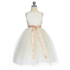 Custom Tea Length Satin Tulle First Communion Dresses with Ribbons