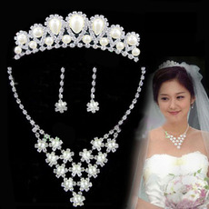 Crystal and Pearl Earring Necklace Tiara Set Wedding Bridal Jewelry Collection