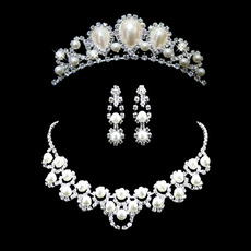 Crystal and Pearl Earring Necklace Tiara Set Wedding Bridal Jewelry Collection