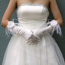 Elbow Ivory Satin Wedding Gloves with Flower