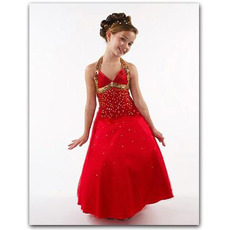 Affordable Halter Ankle Length Satin Beaded Easter/ Flower Girl Dresses