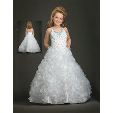 White Halter Ruffled First Communion Dresses/ Flower Girl Dresses