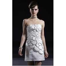 Applique Column Short Cocktail Dresses/ White Strapless Satin Party Dresses