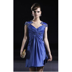 Royal Blue Short Cocktail Dresses/ Sheath V-Neck Satin Party Dresses