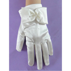 Wrist Elastic Satin White Flower Girl/ First Communion Gloves with Bows