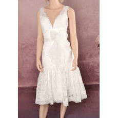 Inexpensive Elegant V-Neck Lace Tea Length Beach Wedding Dresses