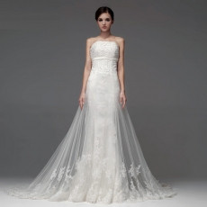 New Style Sexy Sheath Strapless Chapel Train Organza Wedding Dresses