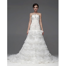 Inexpensive A-Line Organza Chapel Train Strapless Wedding Dresses