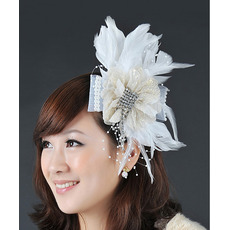 Stunning White Organza Fascinators with Feather and Beads for Brides