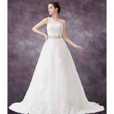 Stylish A-Line One Shoulder Chapel Train Satin Organza Wedding Dresses