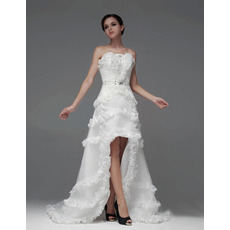 Discount A-Line Strapless High-Low Asymmetric Satin Wedding Dresses