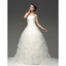 Stylish A-Line Strapless Chapel Train Tiered Wedding Dresses