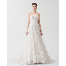 Vintage A-Line Strapless Court Train Lace Wedding Dresses