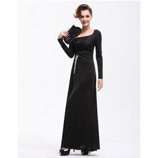 Custom Long Sleeves Sheath Long Black Satin Evening/ Prom Dresses