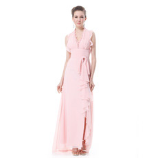 Sexy V-Neck Chiffon Split Sheath Long Evening Dresses for Spring