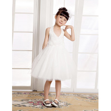 A-Line Halter Knee Length Satin Flower Girl Dresses