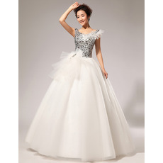 Sexy V-Neck Sequined Ball Gown Floor Length Satin Wedding Dresses