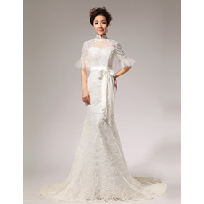 Discount Mermaid Lace Mandarin Collar Short Sleeves Wedding Dresses