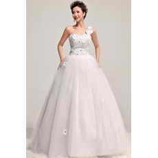 One Shoulder Ball Gown Floor Length Satin Dresses for Spring Wedding