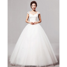 V-Neck Cap Sleeves Ball Gown Long Satin Dresses for Spring Wedding