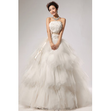 Elegant Tiered Organza A-Line Strapless Floor Length Wedding Dresses