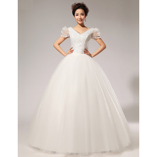 Custom Bubble Sleeves V-Neck Beaded Ball Gown Floor Length Wedding Dresses