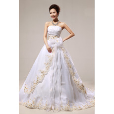 Affordable A-Line Strapless Court Train Embroidery Wedding Dresses