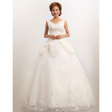 V-Neck Organza Ball Gown Floor Length Dresses for Spring Wedding